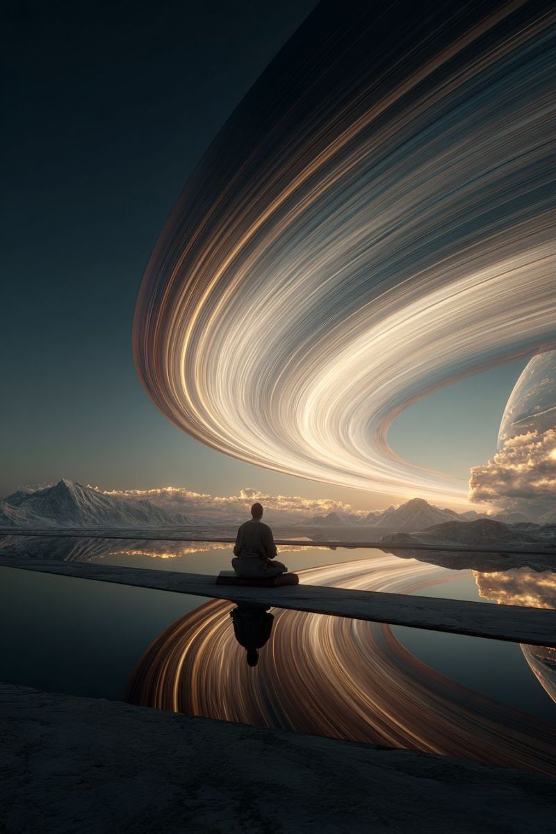 Meditation reflexion eau ciel nuages montagnes planete anneaux obscurite espace univers astronomie cosmos etoile nuit imagination inspiration Une personne est assise les jambes croisées sur une plateforme en bois au milieu d'un lac serein, contemplant une structure massive en forme d'anneau qui brille au-dessus d'elle. L'anneau, ressemblant aux anneaux de Saturne, est illuminé d'une douce lumière dorée, projetant des reflets sur l'eau calme en contrebas. Le ciel est d'un bleu profond, avec des touches d'orange et de rose provenant du soleil couchant. En arrière-plan, on distingue des montagnes lointaines et une grande planète couverte de nuages visible dans le ciel. La scène est paisible et contemplative, avec la silhouette de la personne reflétée dans l'eau.