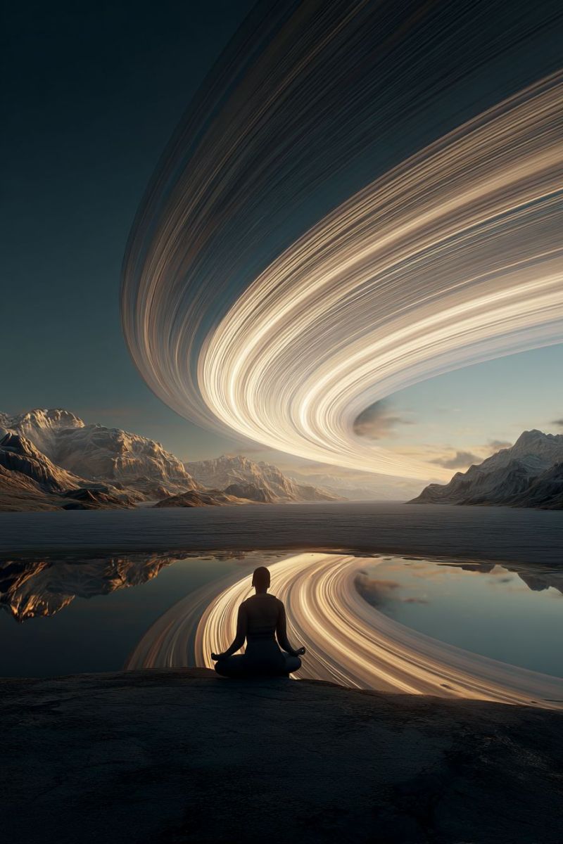 Meditation lake mountain water reflection sky dark night zen calm peaceful tranquil serene contemplation nature astronomy A person is sitting in a meditative pose on a rocky shore, facing a vast, serene body of water. The water reflects a stunning celestial scene above, featuring a large, glowing ring structure that resembles Saturn's rings. The sky is a deep blue, transitioning to lighter hues near the horizon, with the sun's rays casting a warm glow on the scene. In the background, majestic mountains are silhouetted against the sky, adding to the tranquil and awe-inspiring atmosphere.