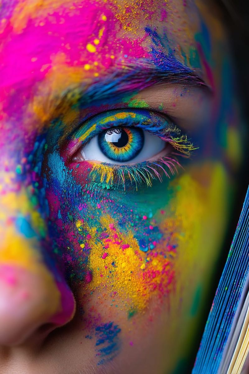 Eye makeup beauty texture pattern creative expression fashion design colorful A close-up of a person's face covered in vibrant, multicolored powders. The powders are in shades of pink, blue, yellow, green, and orange, creating a festive and artistic look. The person's eye is prominently featured, with the iris and pupil visible, surrounded by long, dark eyelashes. The powders are scattered across the face, including the cheeks, forehead, and around the eyes. The background is blurred, and the focus is on the colorful powders and the person's eye.