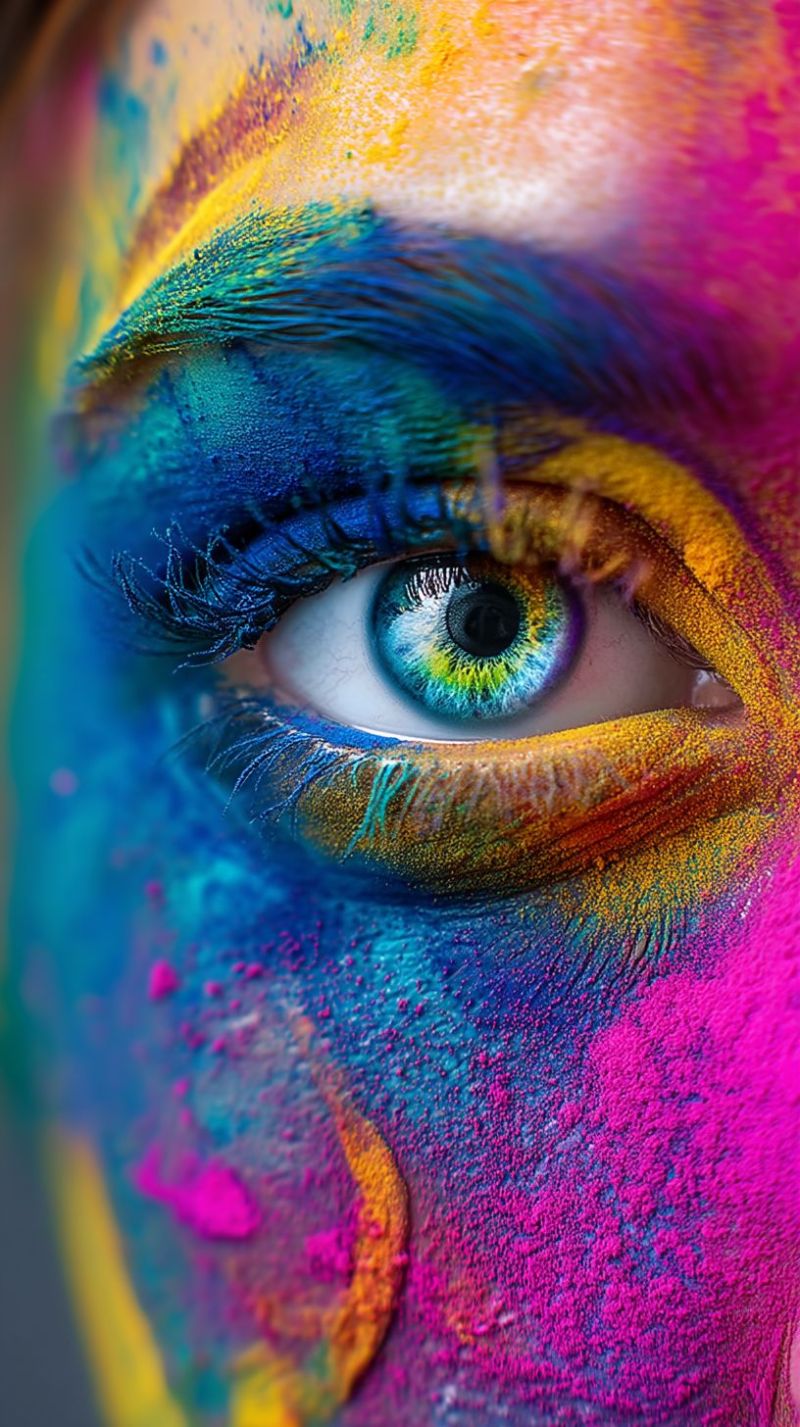 Eye makeup beauty texture pattern design fashion trend creative imagination expression emotion A close-up view of a person's face covered in vibrant, multicolored powders. The powders are applied in a way that creates a striking contrast around the eyes, with shades of blue, yellow, pink, and purple blending together. The person's eye is visible, with a blue iris and a hint of yellow and green around the pupil. The powders are applied in a way that highlights the eye and creates a dramatic effect. The background is blurred, and the focus is on the face and the colorful powders.