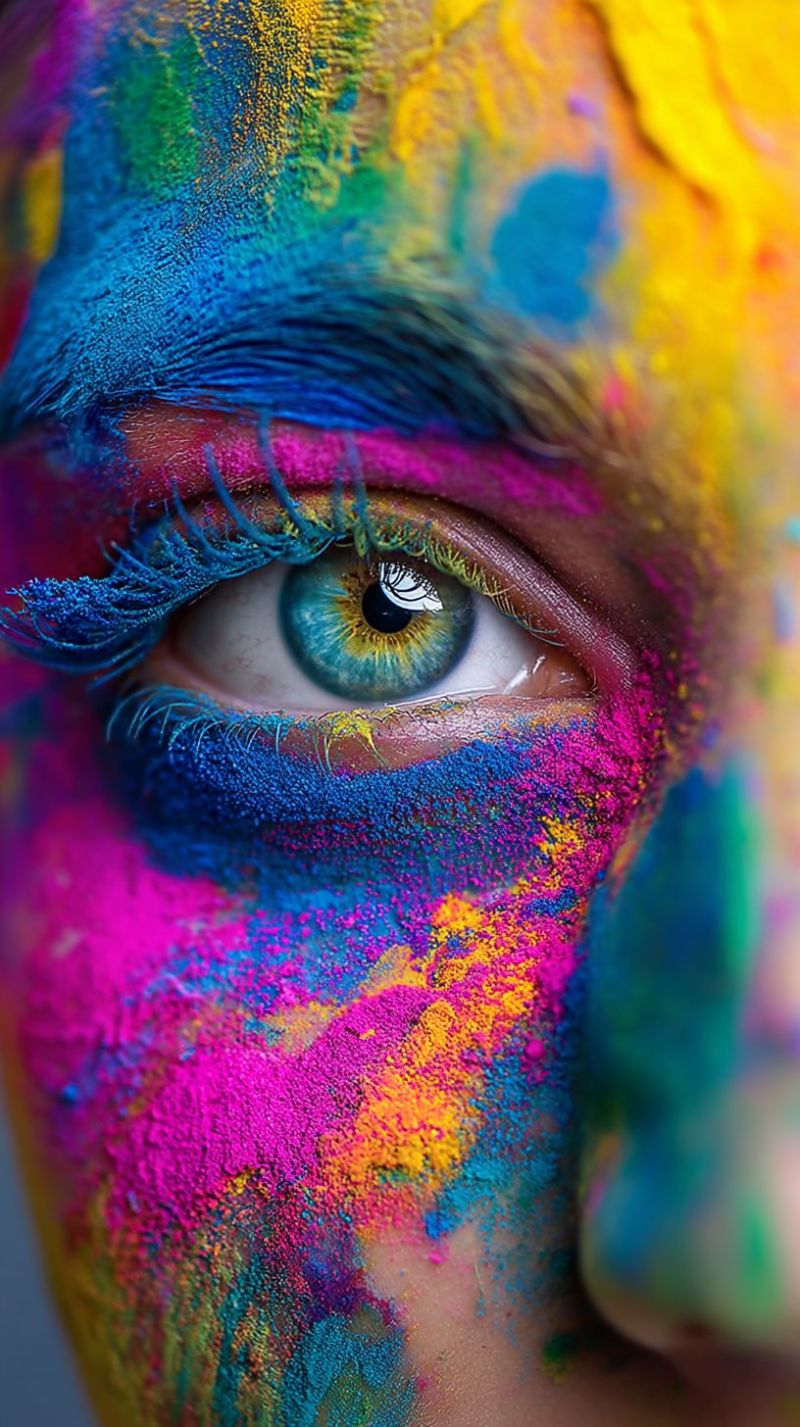 Eye makeup powder beauty texture pattern design fashion trend creative imagination expression A close-up of a person's face covered in vibrant, multicolored powders. The powders are in shades of blue, pink, yellow, and green, creating a rainbow effect. The person's eye is visible, with long, dark eyelashes and a bright, green iris. The powders are applied in a way that creates a gradient effect, with the colors blending together seamlessly. The person's skin is visible in some areas, and the powders are applied in a way that highlights the contours of their face.