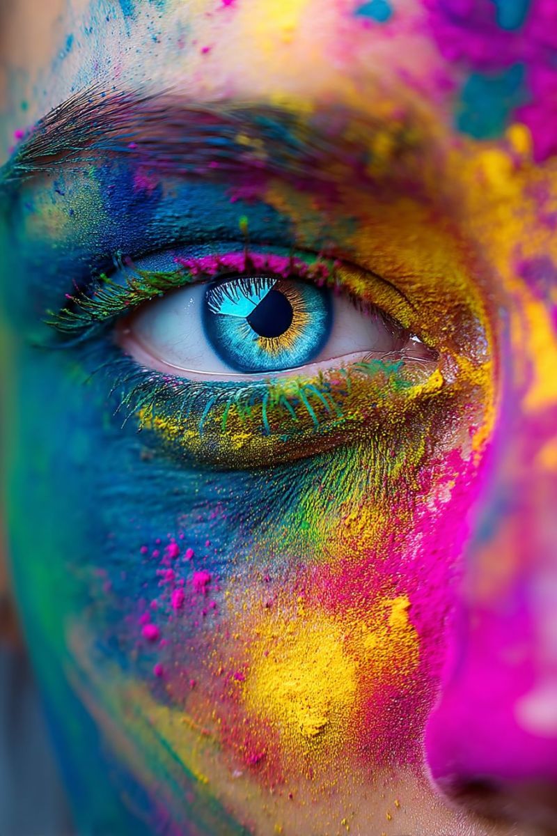 Eye makeup powder beauty texture pattern creative fashion expression paint A close-up view of a person's face covered in vibrant, multicolored powders. The powders are in shades of blue, yellow, pink, and purple, creating a festive and colorful appearance. The person's eye is prominently featured, with blue iris and a hint of green, surrounded by the colorful powders. The powders are scattered across the face, including the cheeks, forehead, and around the eyes, giving a playful and artistic look.