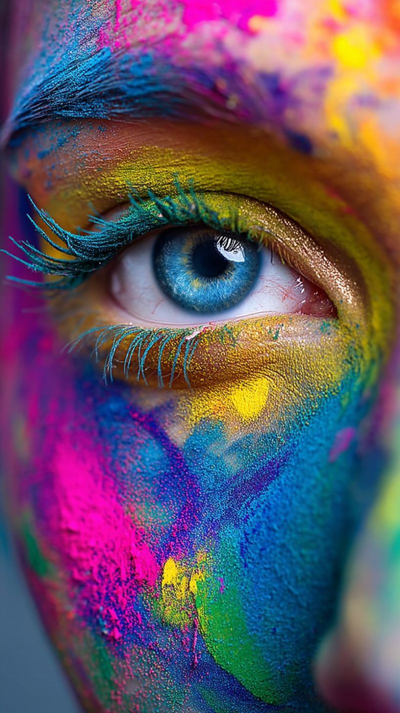 Eye makeup beauty texture pattern design fashion trend creative imagination expression A close-up view of a person's face covered in vibrant, multicolored powders. The powders are in shades of blue, pink, yellow, and green, creating a festive and colorful appearance. The person's eye is visible, with long, dark eyelashes and a blue iris. The powders are applied in a way that highlights the eye and adds a playful, artistic touch to the overall look.