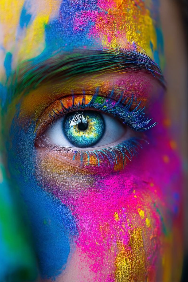 Eye makeup colorful beauty expression eyelashes eyeshadow eyeliner mascara festival creativity texture pattern paint A close-up view of a person's face covered in vibrant, multicolored powders. The powders are in shades of blue, pink, yellow, and green, creating a rainbow-like effect. The person's eye is prominently displayed, with long, dark eyelashes and a striking blue iris with a yellow ring around the pupil. The powders are applied in a way that highlights the eye and adds a dramatic, artistic touch to the overall look.