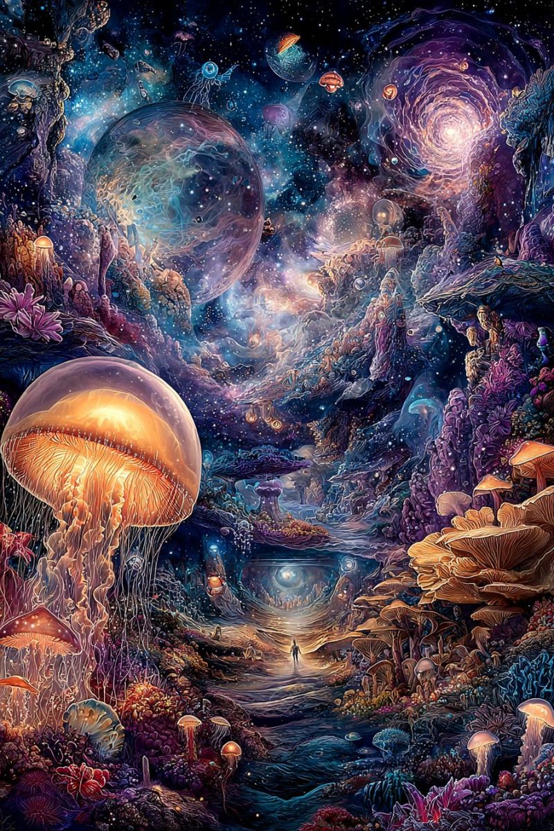 Fantaisie spatiale alien aliens monde planete vie Une scène sous-marine fantastique remplie de couleurs vives et d'éléments divers. Au premier plan, une grande méduse lumineuse avec un corps doré-orange et de longues tentacules traînantes flotte gracieusement. Autour de la méduse se trouvent divers champignons de différentes formes et tailles, certains éclairés d'une douce lumière. L'arrière-plan présente un paysage surréaliste avec des récifs coralliens, des plantes lumineuses et une variété de créatures marines. Au loin, une personne se tient sur un chemin illuminé par une lumière vive, peut-être une lune ou une étoile. Le ciel au-dessus est d'un bleu profond, parsemé d'étoiles et de planètes, créant un sentiment de profondeur et d'émerveillement. L'atmosphère générale est magique et irréelle, mêlant des éléments de fantaisie et de nature.