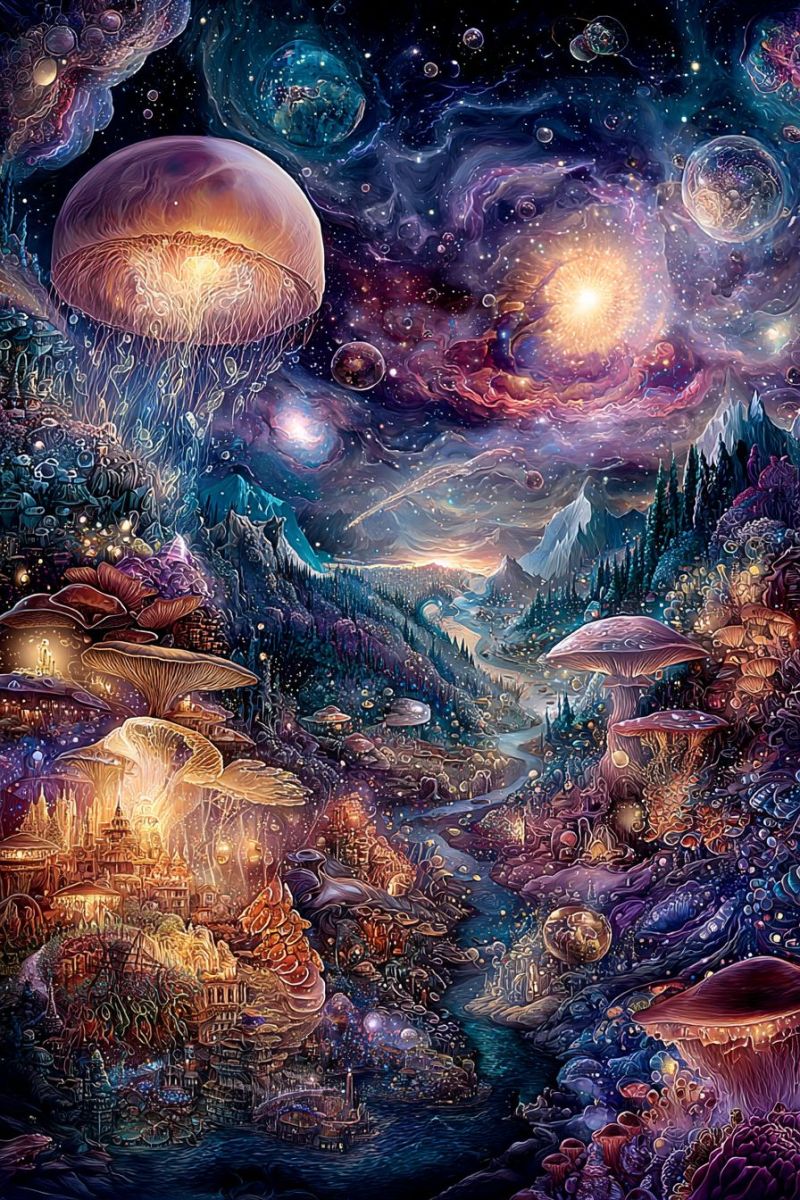 Fantasy imagination dreamlike surrealism space cosmos universe planets stars bubbles jellyfish mushrooms forest mountains river colorful night fantastical landscape filled with vibrant colors and imaginative elements. In the foreground, there are large, glowing mushrooms of various shapes and sizes, some with bioluminescent caps. A river flows through the scene, its waters reflecting the colorful surroundings. On the left side, there are structures that resemble a small village or town, with lights glowing from within. The sky above is a mix of deep blues, purples, and pinks, with floating bubbles and celestial bodies like planets and stars. A large jellyfish floats gracefully in the upper left corner, its translucent body shimmering with light. The background features mountains and a distant horizon, adding depth to the scene.