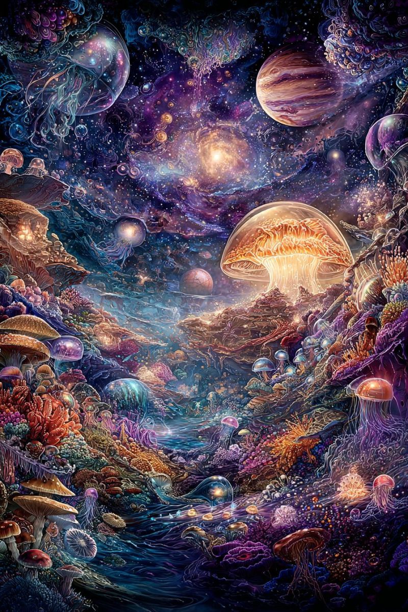 Space underwater fantasy alien planet mushroom coral jellyfish ocean sea star galaxy nebula seascape seaweed seashell sealife fantastical underwater scene filled with vibrant and diverse marine life. In the foreground, there are various mushrooms of different colors, some glowing softly. To the left, there are coral reefs with a variety of shapes and colors, including red, orange, and purple. In the middle, there is a large, glowing jellyfish with a golden-orange body and a translucent, wavy bell. The background features a deep blue ocean with a starry sky above, where planets and stars are scattered. The planets are depicted in various colors, including brown, red, and blue, with some having visible cloud patterns. The overall scene is rich in color and detail, creating a surreal and magical atmosphere.