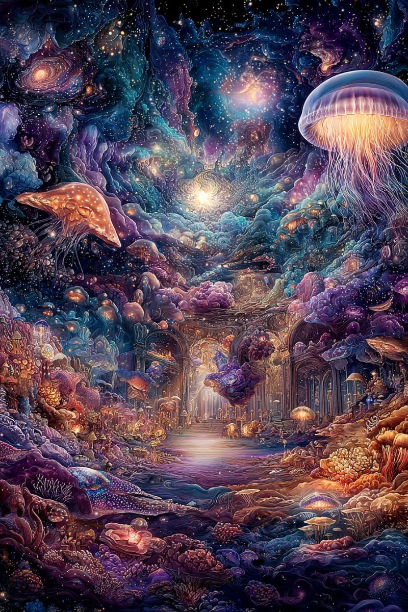 Fantaisie sous marin ocean mer corail recif meduse etoile hippocampe coquillage algue aquarium tropical eau Scène fantastique sous-marine remplie de couleurs vibrantes et de détails complexes. Au premier plan, un chemin mène à travers un tunnel orné de champignons lumineux et de formations coralliennes. À gauche, une grande méduse avec un corps translucide en forme de cloche flotte gracieusement, ses tentacules traînant derrière elle. L'arrière-plan présente une galaxie tourbillonnante avec des étoiles et des nébuleuses, créant un fond cosmique. La scène est éclairée par une lumière douce et éthérée, projetant de douces ombres et mettant en valeur les textures du corail et de la méduse.