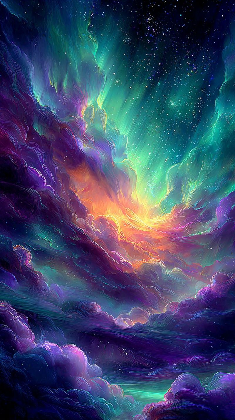 Ciel nuages espace etoiles nebuleuse univers cosmique galactique aurore imagination fantaisie onirique ethere mystique nuit Scène surréaliste et vibrante d'un ciel nocturne rempli de nuages tourbillonnants aux teintes profondes de violet, bleu et vert. Les nuages sont épais et texturés, créant un sentiment de profondeur et de mouvement. Une lumière brillante et radieuse, peut-être provenant d'un coucher de soleil ou d'une étoile lointaine, perce à travers les nuages, projetant une lueur chaude qui contraste avec les tons plus frais du ciel. La lumière crée un effet dramatique, illuminant des parties des nuages et projetant des ombres. Le ciel est parsemé d'étoiles, ajoutant à l'atmosphère céleste et irréelle. La composition globale est dynamique, avec un sentiment de mouvement et d'énergie, comme si les nuages tourbillonnaient et se déplaçaient.