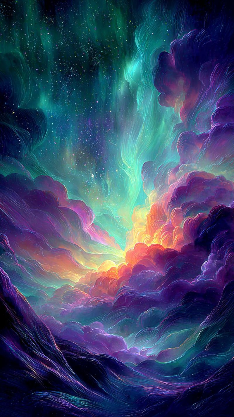 Clouds colorful cosmic cosmos dreamy ethereal fantasy glow imagination nebula night painting space stars surreal and vibrant sky filled with swirling clouds in shades of purple, blue, green, and yellow. The clouds are thick and textured, creating a sense of depth and movement. In the background, there is a gradient of colors transitioning from dark blue to lighter shades of green and yellow, resembling a sunset or sunrise. The sky is dotted with stars and small specks of light, adding to the ethereal quality of the scene. The overall effect is dreamlike and otherworldly, evoking a sense of wonder and imagination.