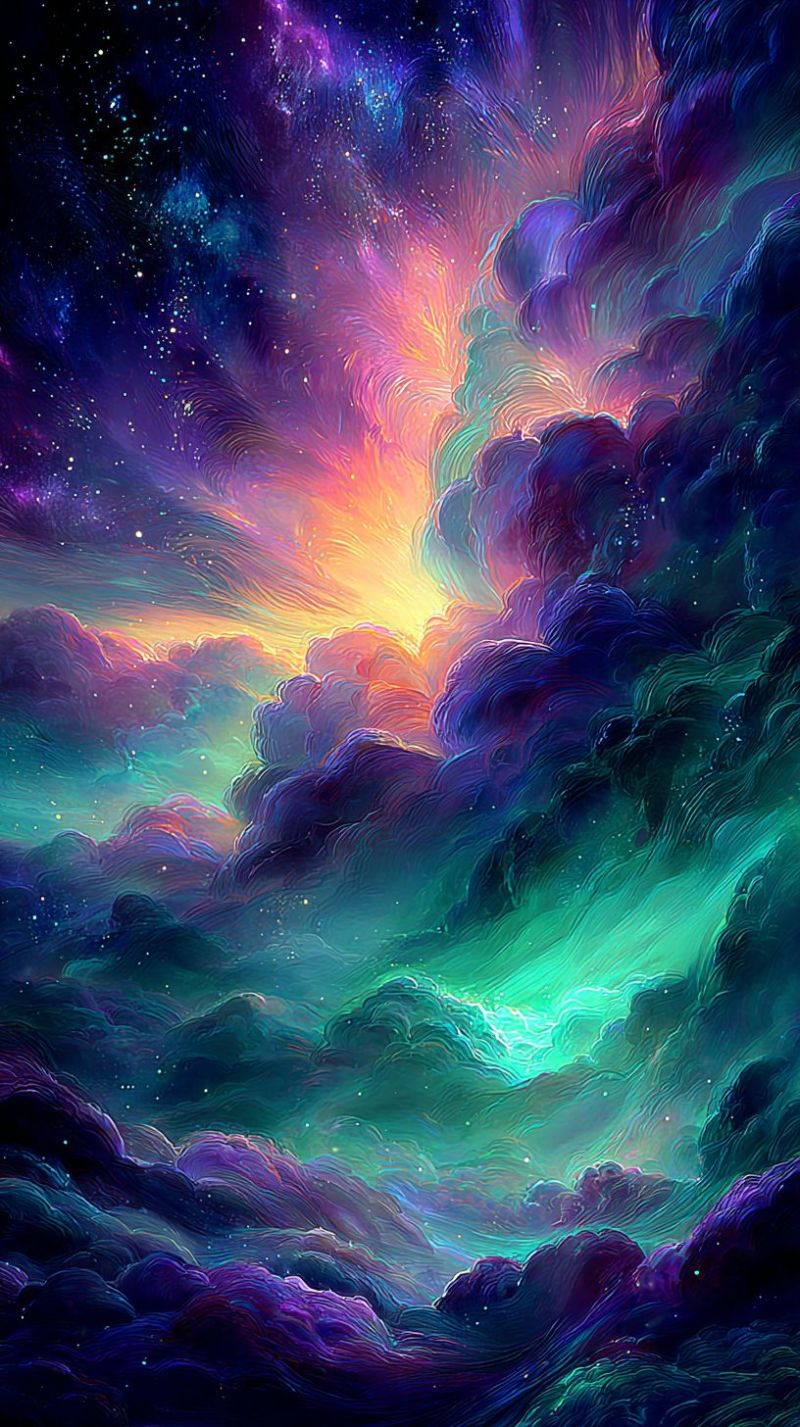 Ciel nuages etoiles espace nuit univers coloree fantaisie imagination reves onirique ethere cosmique galactique nebuleuse celeste Un ciel surréaliste et vibrant rempli de nuages tourbillonnants dans diverses nuances de violet, bleu, vert et jaune. Les nuages sont épais et texturés, créant un sentiment de profondeur et de mouvement. Le ciel passe des violets et bleus profonds en haut aux jaunes et verts plus clairs vers le bas, suggérant un coucher ou lever de soleil. Des étoiles et des lumières faibles parsèment le ciel, ajoutant à l'atmosphère mystique. L'effet global est onirique et irréel, avec un sentiment d'espace illimité et de possibilités infinies.