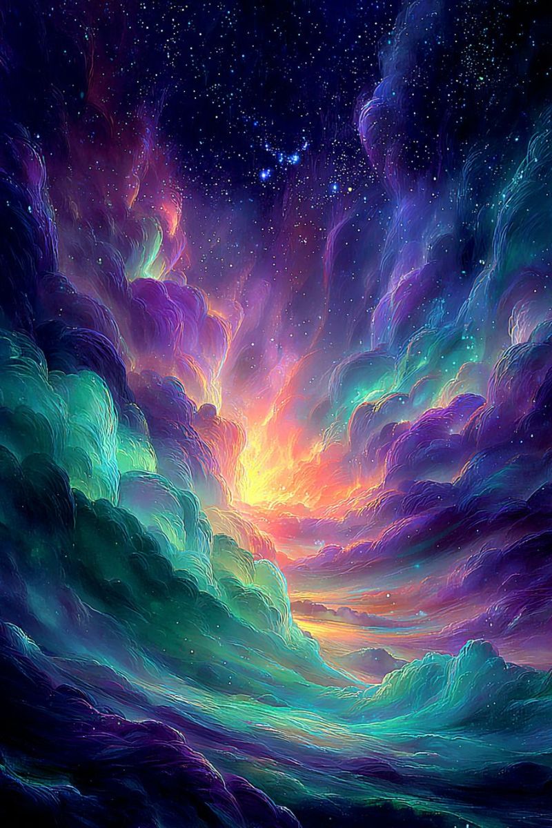 Ciel nuages etoiles espace nuit univers cosmos galaxie nebuleuse astronomie celeste fantaisie imagination onirique ethere mystique Scène surréaliste et vibrante d'un ciel rempli de nuages tourbillonnants et colorés. Les nuages sont principalement dans des teintes de violet, vert et jaune, se mélangeant les uns aux autres dans un mouvement fluide, presque liquide. Le ciel passe des violets et bleus profonds en haut aux jaunes et oranges chauds près de l'horizon, suggérant un coucher ou lever de soleil. Des étoiles et de petits orbes lumineux sont dispersés dans le ciel, ajoutant à l'atmosphère mystique. Les nuages semblent flotter dans un vaste espace ouvert, sans horizon ou sol visible, créant un sentiment d'infinité et d'émerveillement.