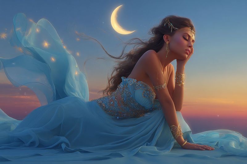 Femme nuit lune sommeil reve fantaisie fee robe bijoux ciel etoiles nuages coucher soleil lueur magie beaute Une femme est allongée sur le sol, son corps orné d'une robe bleue fluide qui scintille avec des motifs complexes. Ses longs cheveux sombres tombent autour d'elle, captant la lumière et ajoutant un sentiment de mouvement. Elle porte des bijoux dorés, y compris un diadème et des bracelets, qui complètent sa tenue élégante. Ses yeux sont fermés, et elle repose sa tête sur sa main, semblant être dans un sommeil paisible. Le ciel au-dessus est d'un bleu profond, avec une lune croissante et des étoiles ajoutant une touche magique. L'arrière-plan présente un dégradé de couleurs, passant du ciel bleu à une teinte chaude et orange, suggérant le soleil couchant.