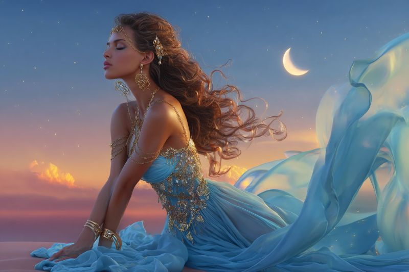 Femme fantaisie robe bijoux boucles oreilles collier lune ciel nuit nuages coucher soleil Une femme aux longs cheveux bruns ondulés est assise sur le sol, peut-être dans un désert, sous un ciel nocturne. Elle porte une robe bleue ornée de décorations dorées et a un diadème doré avec des boucles d'oreilles pendantes. Sa robe flotte autour d'elle, et elle regarde vers la gauche les yeux fermés. Le ciel est un mélange de teintes bleues et orange, avec un croissant de lune et des étoiles visibles. L'arrière-plan présente un mélange de couleurs orange et bleues, suggérant un coucher ou un lever de soleil.