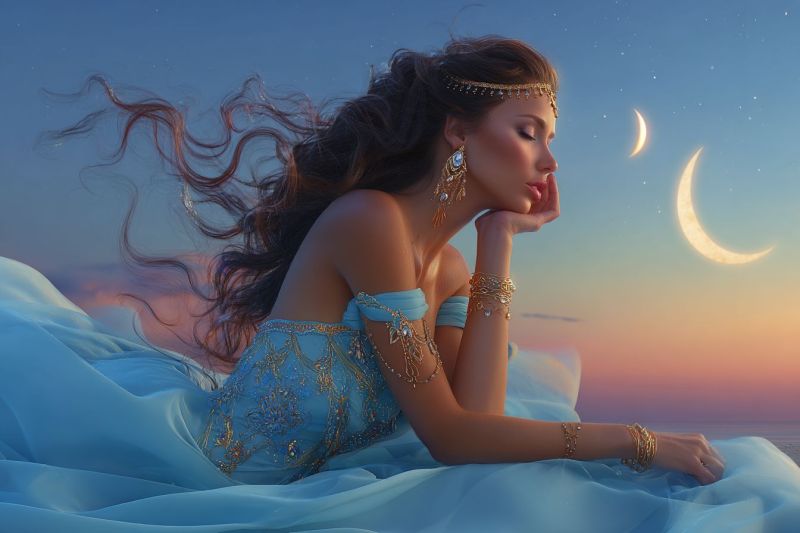 Woman night moon sky fantasy dream beauty jewelry dress earrings bracelet hand hairstyle crown earring necklace ring jewel A woman with long, wavy hair is lying on a blue fabric, possibly a bed or a rug, in an outdoor setting. She wears a blue dress adorned with golden embroidery and accessories, including a golden headband, earrings, and bracelets. Her hair flows freely, and she gazes to the right with her eyes closed, appearing to be in a serene or contemplative state. The background features a twilight sky with a crescent moon and a partial moon, suggesting a late evening or night scene. The sky is a mix of blue and orange hues, indicating the transition from day to night.