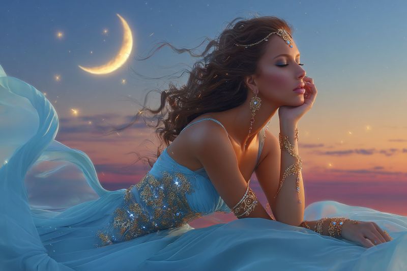 Femme nuit lune fantaisie robe bijoux boucles oreilles bracelet ciel etoiles coucher soleil nuages monde Une femme est allongée sur un lit orné d'une robe bleue fluide, ses cheveux tombant le long de son dos. Elle porte un bandeau doré et des bracelets assortis, avec un délicat collier et des boucles d'oreilles. Ses yeux sont fermés, et elle repose son menton sur sa main, contemplant la lune croissante dans le ciel. Le ciel est un mélange de teintes bleues et orange, avec des étoiles dispersées à travers celui-ci.