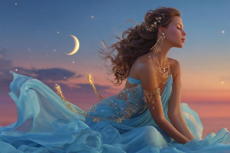 Femme robe bijoux boucles oreilles collier lune ciel nuit fantaisie beaute elegance luxe reveur inspiration creativite Une femme aux longs cheveux bruns ondulés est assise par terre, les yeux fermés, et son corps légèrement tourné vers la droite. Elle porte une robe bleue ornée de touches dorées et de motifs complexes, ainsi que des bijoux dorés comprenant un collier, des boucles d'oreilles et des bracelets. Le ciel derrière elle est un mélange de teintes bleues et orange, avec un croissant de lune et des étoiles visibles. La scène se déroule sur fond d'un ciel serein au crépuscule.