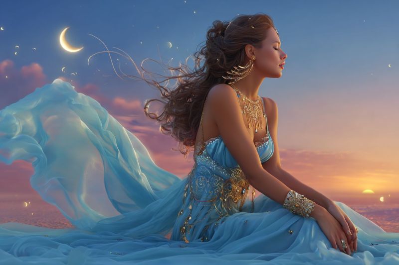 Femme fantaisie robe bijoux boucles oreilles collier bracelet ciel lune etoiles nuages coucher soleil soiree nuit assise Une femme aux cheveux longs et ondulés est assise sur une montagne enneigée, contemplant le ciel. Elle porte une robe bleue fluide ornée de décorations en or et en argent. Ses cheveux sont parés de plumes dorées, et elle a une expression sereine. Le ciel est un mélange de teintes bleues et roses, avec un croissant de lune et des étoiles visibles. Le soleil se couche au loin, projetant une lueur chaude sur la scène.