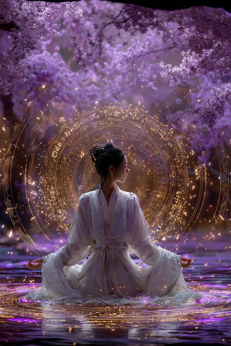 Woman sitting meditation water purple flowers circle dress eyes lips hand fingers reflection sparkles glow aura A woman sits in a meditative pose on a reflective surface, surrounded by shimmering golden and purple lights. She wears a flowing white robe with intricate patterns. Behind her, a circular design with golden symbols and glowing lines forms a backdrop. Purple cherry blossoms float in the air, adding to the mystical atmosphere.