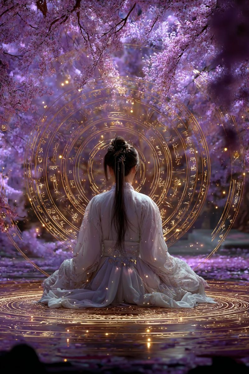 Femme assise meditation cercle fleurs robe coiffure chignon noeud pince ornement accessoire bijouterie peigne epingle Une femme aux longs cheveux noirs est assise dans une pose méditative dans un espace circulaire entouré d'un cercle doré aux motifs complexes. Elle porte une robe traditionnelle blanche et regarde vers la gauche. La zone est éclairée par une lumière douce, et il y a des fleurs violettes en arrière-plan. L'image a une atmosphère onirique et mystique.