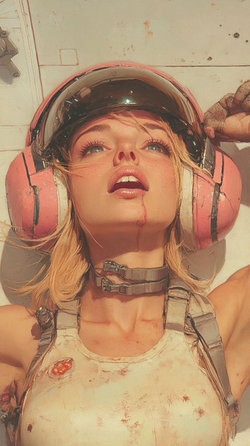 Feminin cadre science fiction cyberpunk tete tasse rose cheveux blonds environnement futuriste materiel realite virtuelle equipement Personne allongée sur le dos avec des écouteurs en dessus des oreilles. Elle regarde directement la caméra avec une expression détendue et sa main est placée près de son front. L'individuelle a des cheveux courts et porte du maquillage qui inclut une gueule rouge. Elle porte un t-shirt et un collier en chaîne autour du cou. Le fond ressemble à un décor extérieur avec la lumière du soleil créant des ombres. L'attire de l'individuelle suggère un environnement détendu ou relax, qui pourrait indiquer une pause ou une période de repos après une activité.