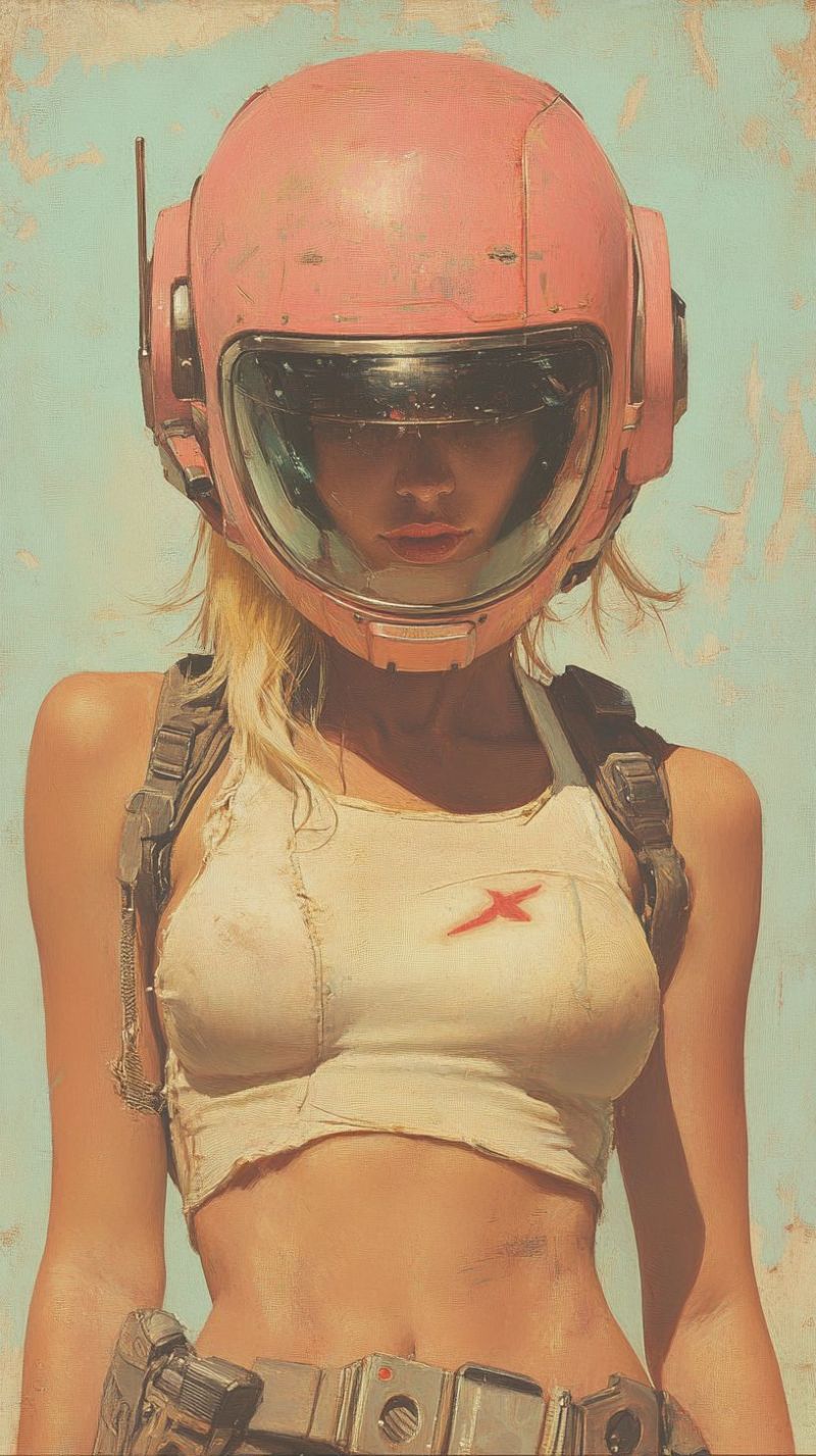 Feminin mode esthetique jeu video figurine action principal science fiction cyberpunk casque rose futuristes attitude L'image représentée est une rendition artistique probablement peinture ou artwork numérique, présentant un personnage portant un casque futuriste rose avec une visière noire. Le personnage porte également une maillote blanche et a une expression sérieuse sur le visage. L'individu semble se tenir devant une muraille avec des peintures qui ressemblent aux chaux éclaircies. Le style de l'image rappelle le retro-futurisme, ce qui suggère une influence des thèmes du science-fiction.