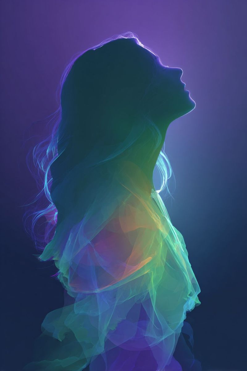 Femme beaute bleu elegant feminin fluide moderne Une silhouette de femme aux longs cheveux fluides est représentée sur un fond vibrant et multicolore. La tête de la femme est inclinée vers le haut, et ses cheveux tombent en cascades lâches et ondulées dans son dos. Le fond est un dégradé de couleurs, passant du violet profond en haut à un mélange de vert, jaune et orange vers le bas. Les couleurs se fondent harmonieusement, créant un effet dynamique et fluide. La silhouette de la femme est délimitée par une lumière douce et lumineuse, ajoutant une sensation de profondeur et de dimension à l'image.