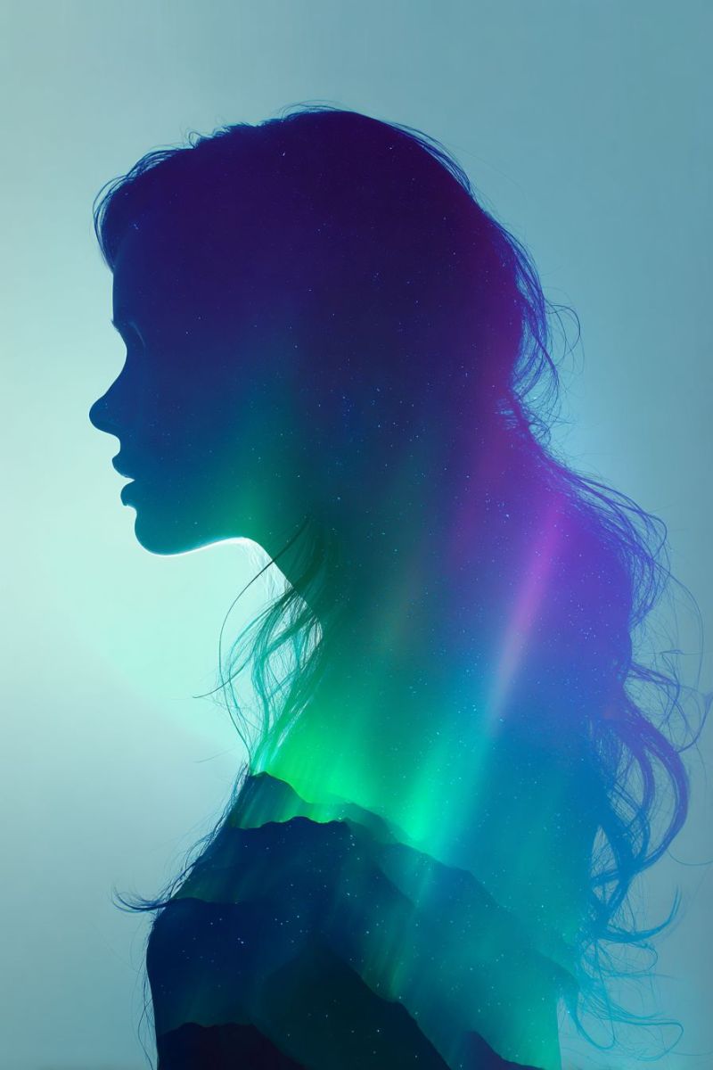 Woman sky night star glow mountain green blue aurora fantasy dream imagination beauty silhouette of a woman with long, flowing hair against a back of vibrant, ethereal colors. The woman's profile is turned to the left, and her hair cascades down, blending into a mix of deep blues, greens, and purples, reminiscent of the aurora borealis. The background is a gradient of light blue and dark blue, with hints of green and purple, creating a dreamy, otherworldly atmosphere. The woman's silhouette is dark, contrasting sharply with the colorful background, giving the impression of a mystical, celestial figure.