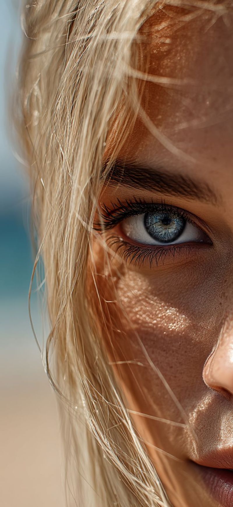 Oeil soleil peau beaute naturel plage mer ciel eau reflet ombre texture Un gros plan d'un visage de femme aux cheveux brun clair, son visage est légèrement tourné vers la droite, et ses yeux sont légèrement fermés. Ses yeux sont bleus avec de longs cils, et sa peau a un léger bronzage. L'arrière-plan est flou, suggérant un cadre de plage ou extérieur.