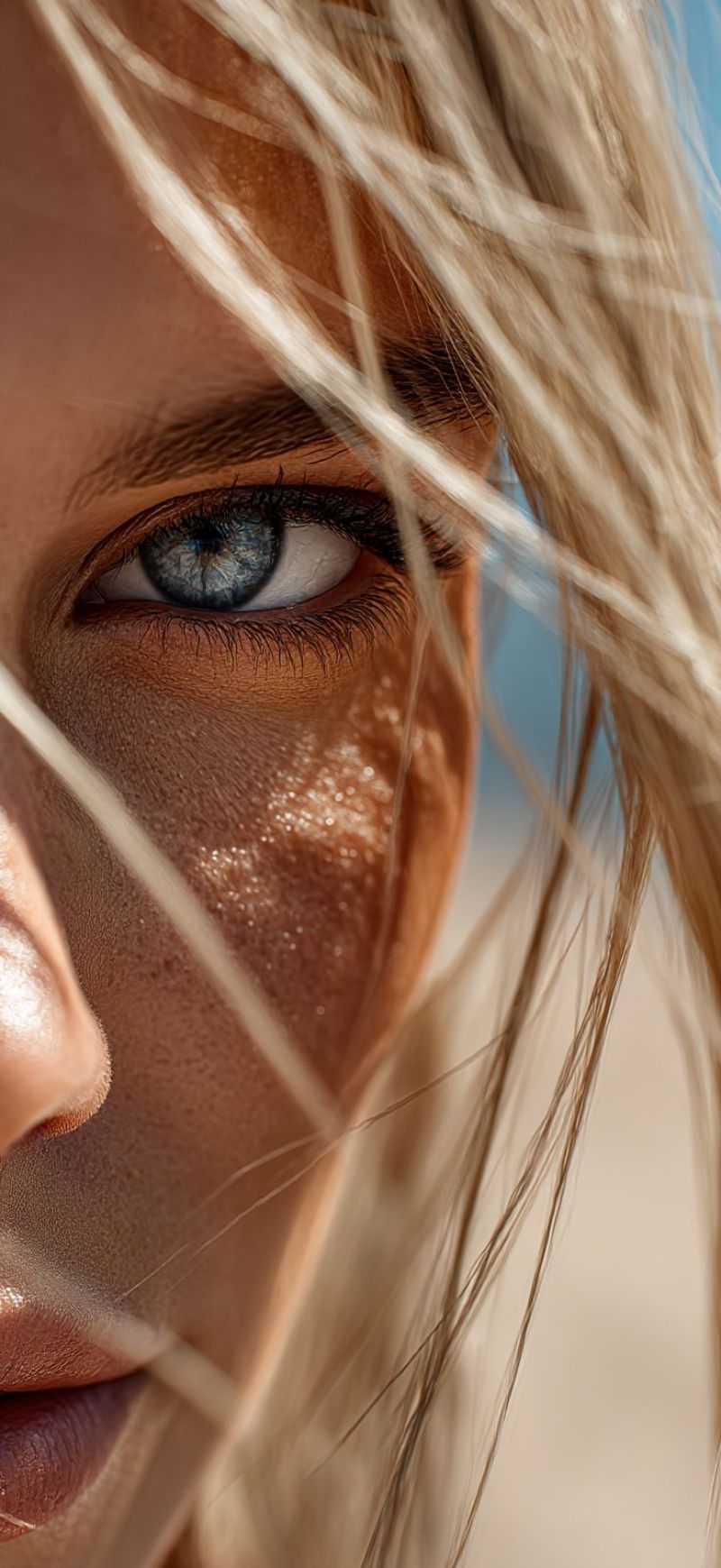 Eye skin beauty natural sunlight reflection glint glimmer sparkle shine highlight glinting glimmering sparkling shining A close-up of a woman's face with light brown hair blowing in the wind. Her skin has a warm, sun-kissed glow, and there are subtle freckles on her cheeks and nose. Her eyes are a striking shade of blue, with long, dark eyelashes that frame them. The woman's lips are slightly parted, revealing a hint of her teeth, and her expression is serene and contemplative. The background is a soft, blurred blue, suggesting that the photo was taken outdoors in a sunny setting.
