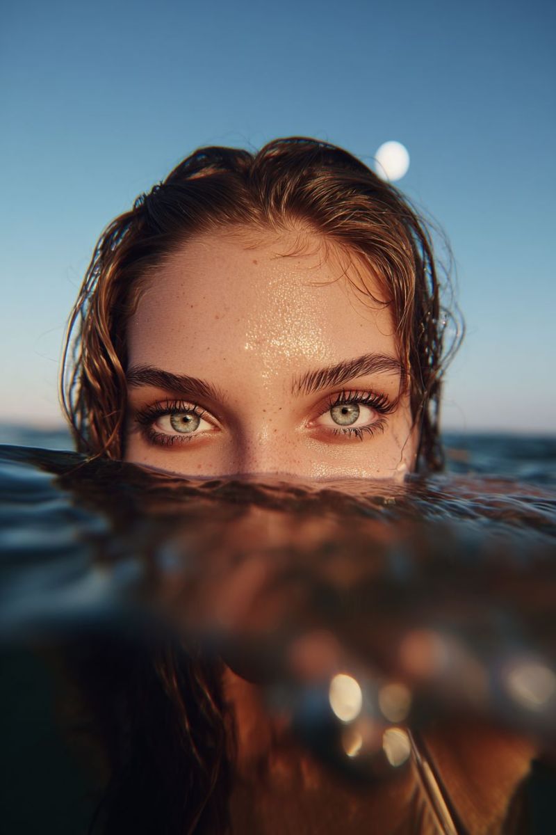Woman water eye sunlight wet reflection sea ocean sun sky eyes eyelashes eyebrows skin A woman with brown hair is partially submerged in water, looking directly at the camera. Her eyes are wide open, and she has a slight smile. The water is clear, and her hair is wet, with droplets clinging to it. The background is a clear blue sky with a hint of sunlight.