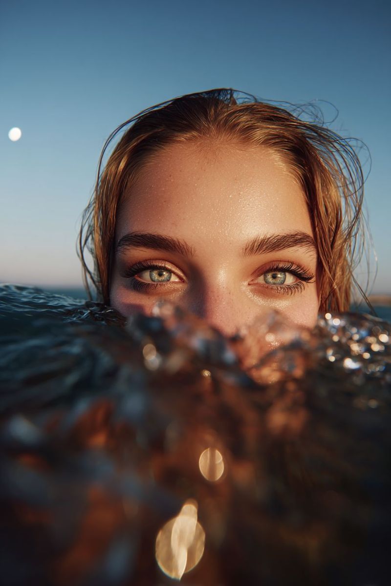 Eau oeil soleil ciel reflexion rayon surface gouttelette eclaboussure vague ondulation Une femme aux cheveux bruns est partiellement immergée dans l'eau, son visage proche de la caméra. Ses yeux sont grands ouverts, et elle a un léger sourire. L'eau est claire, et il y a de petites bulles autour de son visage. Le fond est un ciel bleu clair avec une lumière vive, peut-être le soleil, qui brille à travers.
