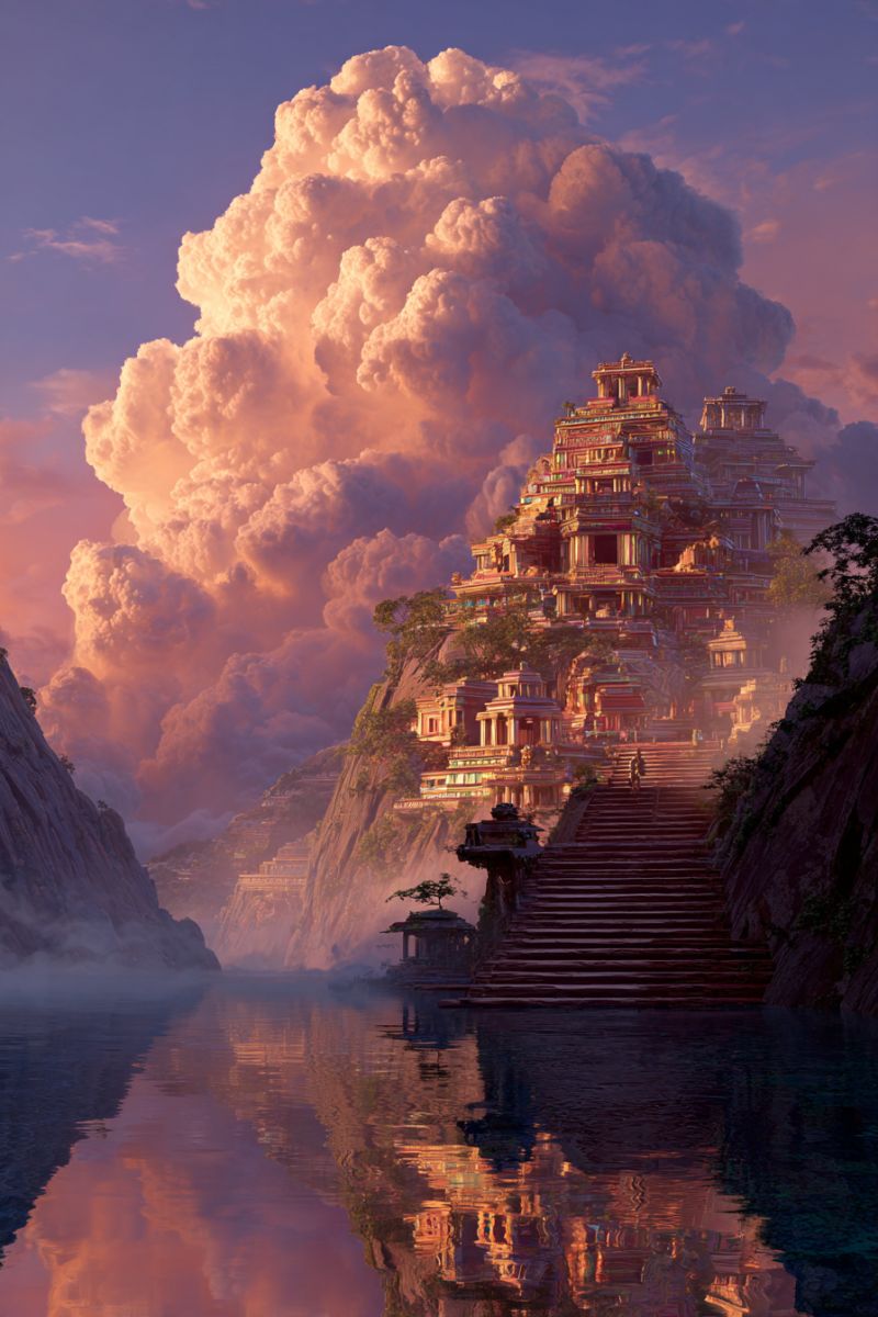 Temple montagne nuage ciel eau reflet architecture batiment escalier voie chemin sentier colline rocher rocheux falaise journee fantaisie Un grand complexe de temple à la conception complexe est perché sur une falaise abrupte surplombant un plan d'eau serein. Le temple est orné de couleurs vives et d'éléments architecturaux détaillés, y compris des arches, des piliers et des sculptures ornées. Une personne monte les marches de pierre menant à l'entrée du temple. Le ciel au-dessus est rempli de nuages dramatiques et flottants, projetant une lumière chaude et dorée sur la scène. L'eau en contrebas reflète le temple et les nuages, créant un effet de miroir. L'atmosphère générale est mystique et sereine.