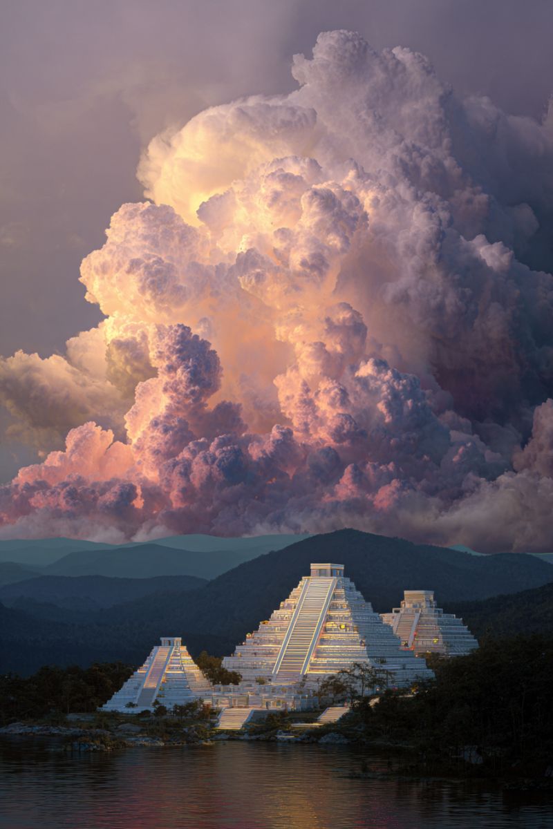 Architecture building cloud clouds daytime design dramatic fantasy fictional imagination mountain pyramid sky dramatic scene with a large, towering cumulonimbus cloud dominating the sky, illuminated by the setting sun, casting a warm glow over the landscape. Below the cloud, there are three large, pyramid-like structures made of white stone, situated on a small island in the middle of a body of water. The pyramids are intricately designed with multiple levels and steps leading up to the top. The water is calm, reflecting the colors of the sky and the structures. In the background, there are mountains with a silhouette against the darkening sky, adding to the majestic and awe-inspiring atmosphere of the scene.