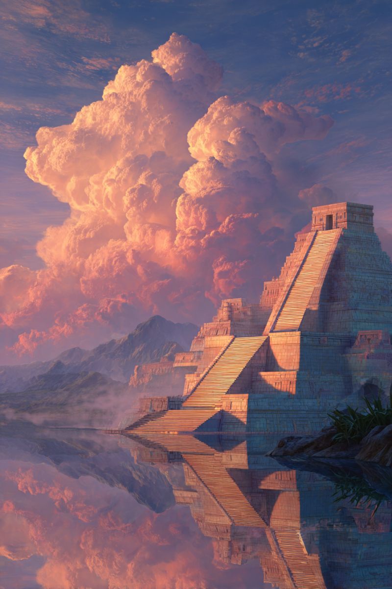 Pyramid ancient architecture building cloud clouds construction design drawing egypt egyptian pyramids temple tombs tomb painting grand, ancient pyramid structure situated on a cliff overlooking a serene body of water. The pyramid is made of large stone blocks and has a series of stepped terraces leading up to a flat top. The structure is bathed in warm, golden light, casting long shadows that reflect on the calm water below. The sky above is a mix of deep blues and soft pinks, with a large, fluffy cloud partially obscuring the sun. In the background, there are distant mountains, adding to the majestic and timeless atmosphere of the scene.