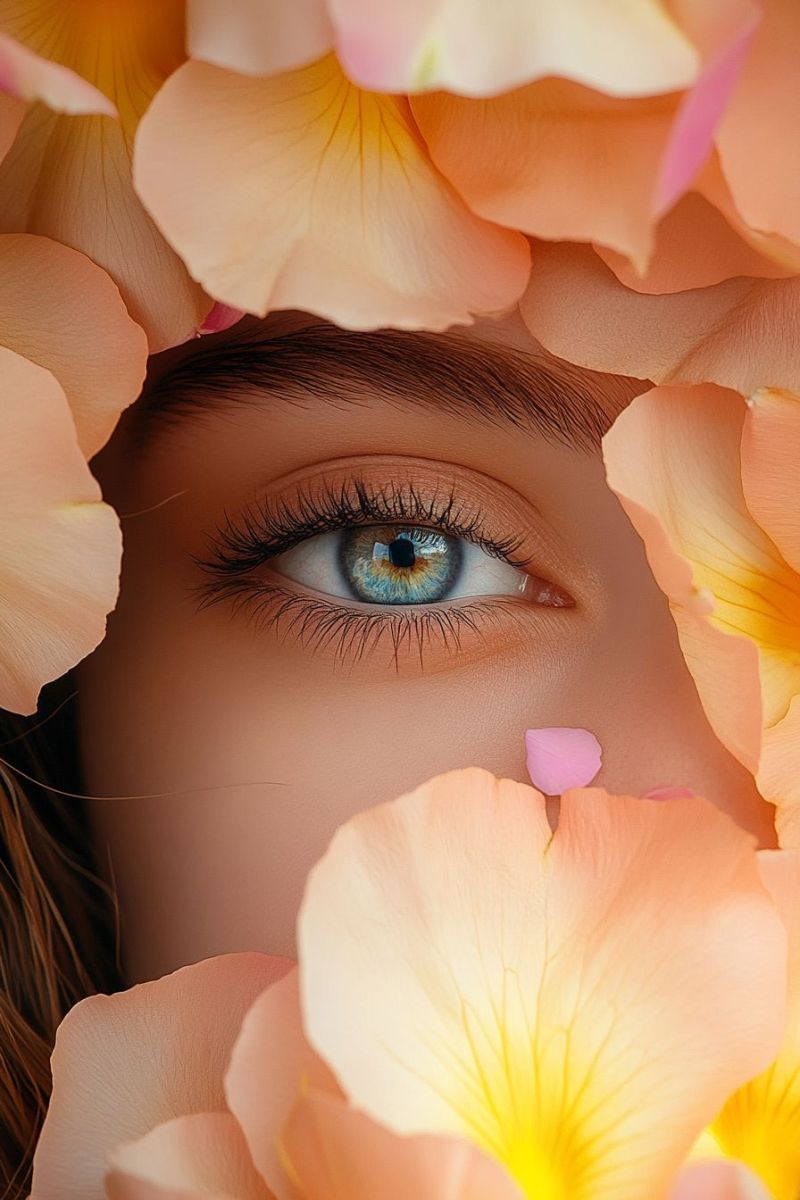 Framme autour visage partielle narine homme femme yeux bleus proximite derriere fleur beaute floral feminin overlay Cette image présente un zoom sur une paire d'oeils et partie du visage d'une personne, les yeux se concentrant sur quelque chose hors de l'image. La personne apparaît avoir la peau claire et porte du maquillage qui accentue ses yeux, qui sont visibles derrière ce qui semble être un arrangement fleurs ou plantes au foreground. Les fleurs sont principalement jaunes et roses et créent une effet qui floue le fond, mettant en valeur la beauté des yeux. Au coin inférieur droit, il y a une vue partielle d'un paroi de nez. L'effet global produit par l'image est celui de paix et de beauté naturelle.