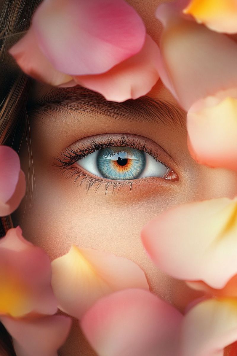 Champ vie centre entourant petales fleur naturelle bokeh floral doux beaute visage femme yeux lentilles Un cadre de visage d'un individu, entouré de pétales de fleurs délicates. L'individu a la peau blanche et porte des maquillages, notamment une ombre aux yeux dans une teinte qui donne l'apparence de yeux bleus. Le plan de fond est à l'arrière-plan, avec ce qui semble être un effet de bokeh, mettant en évidence la netteté des traits du sujet. La lumière dans l'image créent des éclairages doux sur le visage et les pétales de fleurs, suggérant que les sources de lumière naturelles ou artificielles viennent d'en haut. L'esthétique globale de l'image est calme et artistique, avec une profondeur de champ limitée qui place le focus sur les yeux de l'individu et les délicates pétales qui l'entourent.