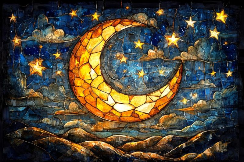 Mosaic stained glass moon night sky clouds stars crescent maui hawaii tiffany ceiling craftsmanship window decorative home interior illuminate dark The image you've shared is a captivating piece of art that depicts a night scene with a full moon in the sky. The moon is centrally positioned and appears to be made of stained glass, adding a sense of depth and texture to the artwork. Below the moon, there are multiple stained glass panels arranged in a symmetrical pattern, creating an illuminated path towards the moon. The colors used in this art piece are predominantly dark blues and blacks for the night sky, with the glow from the moon casting light on the panels below. The moonlight is depicted as bright and white, contrasting with the dark background, which gives the scene a serene and tranquil feel. The overall style of the artwork suggests it could be an intricate mosaic or a mural made with stained glass pieces.