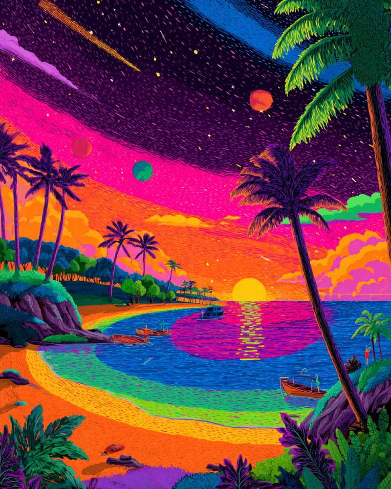 Plage bateau navigation plaisance soiree fantaisie ile nuit ocean palmier mer ciel coucher soleil tropical eau aquarelle arbre Scène de plage tropicale vibrante sous un ciel surréaliste et coloré. Le ciel passe des violets et bleus profonds en haut aux oranges et roses chauds près de l'horizon, avec un soleil couchant projetant une lueur dorée. Il y a plusieurs palmiers le long de la plage, avec un particulièrement haut sur le côté droit. La plage elle-même est un mélange de teintes orange et vertes, avec un petit bateau reposant sur le rivage. Dans l'eau, il y a plusieurs bateaux, dont un plus grand qui semble être un ferry ou un navire de croisière. La scène est remplie de verdure luxuriante et de plantes tropicales, créant une atmosphère vivante et fantastique.