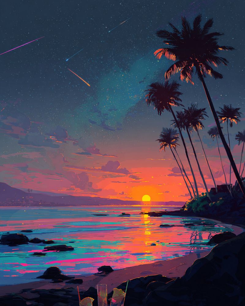 Coucher soleil plage ocean ciel etoiles rochers boissons parapluie montagnes nuages reflexion eau tropical vacances relaxation palmier arbres meteore Scène de plage sereine au coucher du soleil. Le ciel est un dégradé de couleurs chaudes, passant d'un orange profond près de l'horizon à des roses et des violets plus clairs plus haut. Le soleil se couche à l'horizon, projetant une lueur dorée sur l'eau et la plage. L'eau est calme, avec de douces vagues reflétant les couleurs du coucher de soleil. Sur le côté droit de l'image, il y a de grands palmiers, leurs silhouettes se détachant contre le ciel vibrant. Au premier plan, il y a deux verres avec des pailles, suggérant une atmosphère détendue et tranquille. La plage est bordée de rochers et de petites plantes, ajoutant à la beauté naturelle de la scène.