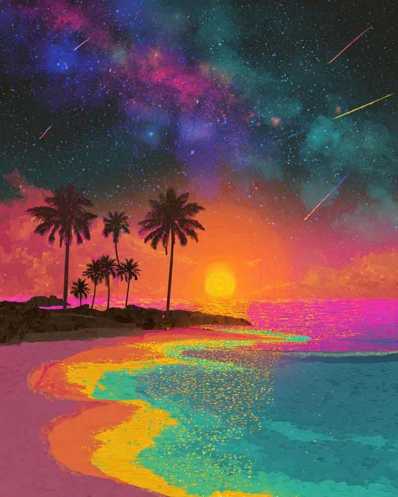 Plage ciel nuit etoiles coucher soleil eau rochers sable ocean horizon reflet vagues tropical reveur fantaisie palmier arbres Scène de plage vibrante et surréaliste au coucher du soleil. Le ciel est un dégradé de violets profonds, de roses et d'oranges, passant à un bleu clair à l'approche de l'horizon. Le soleil se couche, projetant une douce lueur sur la scène. La plage est ornée de plusieurs grands palmiers, dont les silhouettes se détachent sur le ciel coloré. L'eau est un mélange de bleu profond et de teintes plus claires, reflétant les couleurs du coucher de soleil. Le premier plan montre une plage de sable avec un mélange de teintes roses et jaunes, indiquant peut-être le reflet du coucher de soleil. L'atmosphère générale est rêveuse et irréelle, avec un sentiment de tranquillité et de beauté.