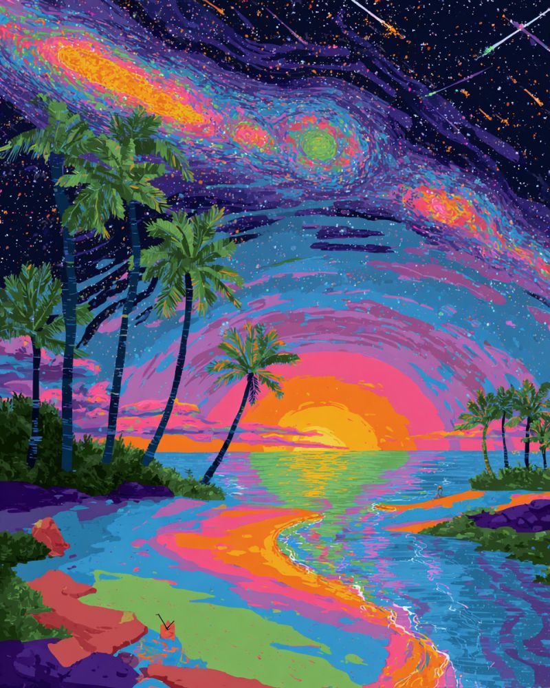 Beach colorful drawing fantasy night ocean painting palm sky sunset tropical water waves galaxy trees vibrant and surreal landscape. beach scene with tall palm trees standing on the shore. The sky is a blend of deep blues and purples, transitioning into a gradient of pinks and oranges as it moves towards the horizon. The sun is setting, casting a warm glow over the water and the beach. The water itself is a mix of blues, greens, and yellows, with a wavy pattern that adds to the dreamlike quality of the scene. In the background, there is a galaxy with swirling colors of purple, pink, and yellow, adding a fantastical element to the landscape.