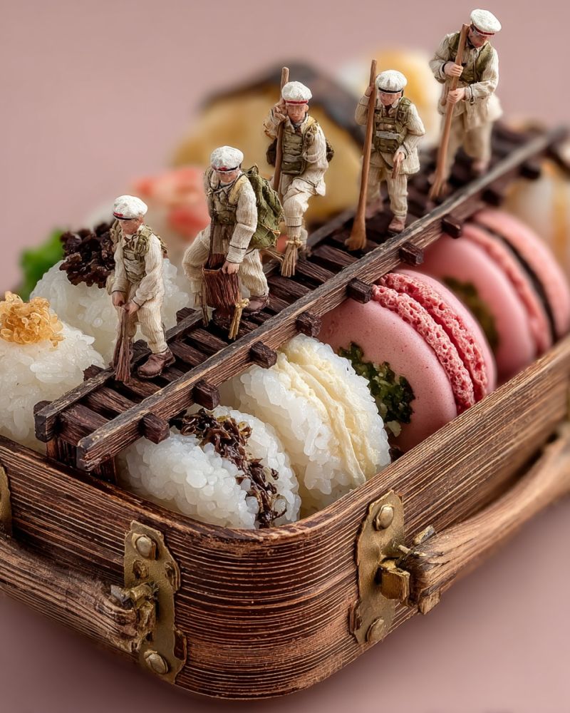 Food decoration soldiers train marshmallows rice chocolate pink wooden box brown A wooden box with a hinged lid contains a miniature scene of soldiers marching on a wooden track. The soldiers are wearing hats and carrying brooms and sticks. The track is surrounded by various food items, including rice, macarons, and what appears to be a dessert with green toppings. The macarons are in different colors, including pink and white. The box is placed on a pink surface, possibly a table.