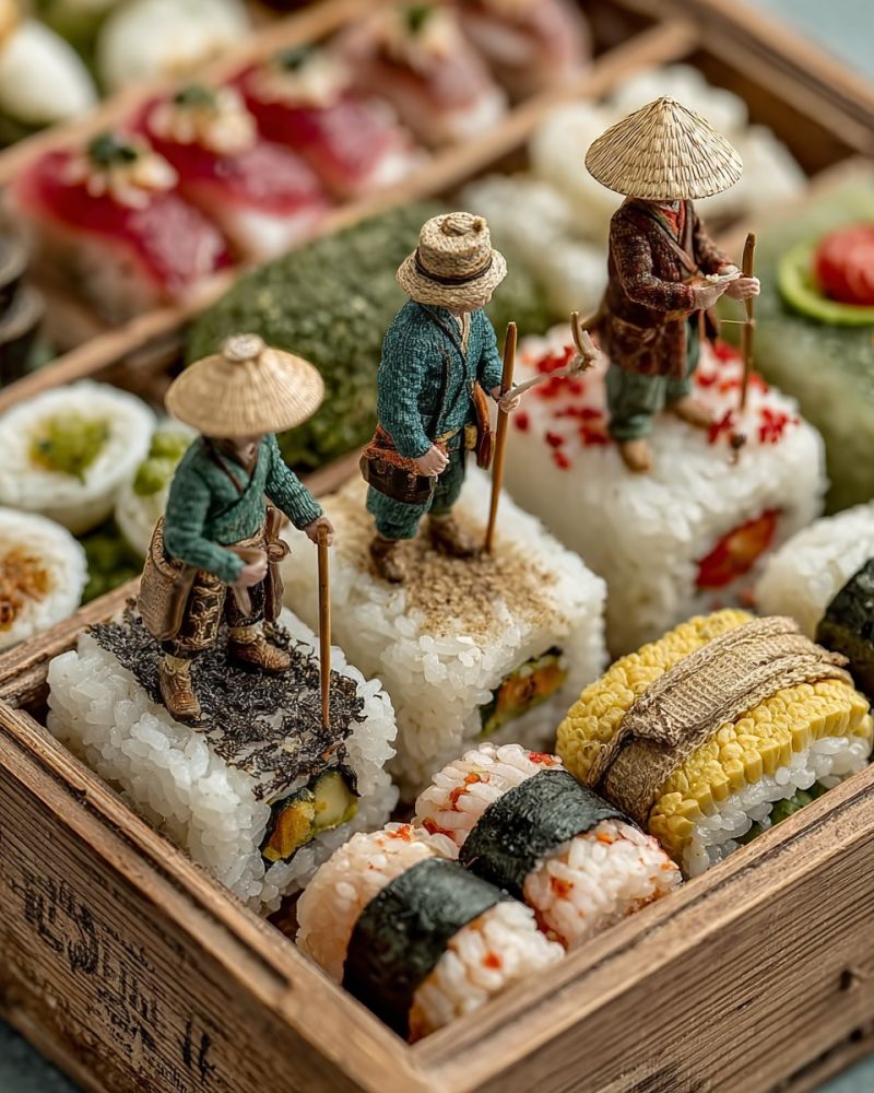 Sushi nourriture japonaise cuisine riz fruits mer delicieux traditionnel gastronomique repas diner aperitif sain frais savoureux artisanal culinaire Dans une boîte en bois, il y a divers rouleaux de sushi disposés artistiquement. Certains rouleaux de sushi ont des figurines miniatures de personnes portant des vêtements traditionnels japonais et des chapeaux de paille. Ces figurines sont debout sur les rouleaux de sushi, ajoutant une touche fantaisiste à la présentation. Les rouleaux de sushi sont décorés avec des ingrédients comme du concombre, de l'avocat et du poivron rouge, et certains ont une pincée de graines de sésame. La boîte elle-même a une texture en bois rustique, améliorant l'esthétique globale.