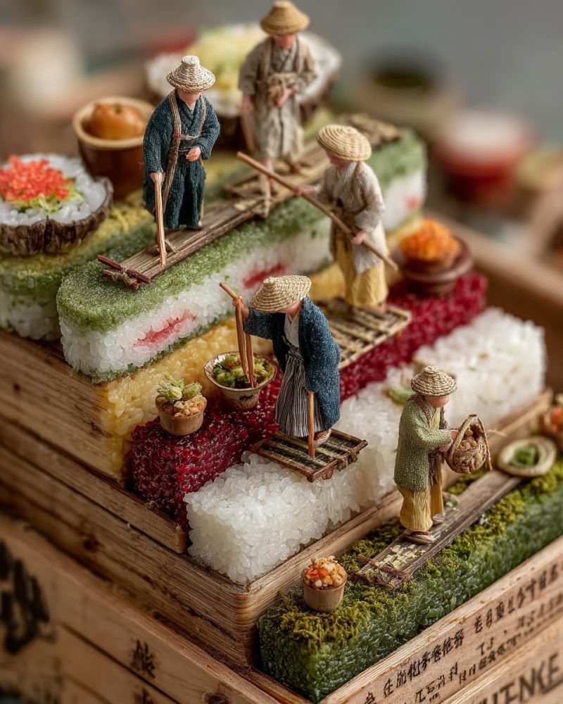 Nourriture miniature sculpture riz gens fermiers recolte outils bol decoration artisanat bois table plateau main traditionnel Une scène miniature dépeint un village japonais traditionnel avec de minuscules figurines habillées dans des vêtements historiques. Les figurines sont engagées dans diverses activités, telles que l'agriculture et la pêche, sur fond de rizières finement conçues et de petits bateaux en bois. Les rizières sont superposées et colorées dans des nuances de vert, rouge et blanc, avec certaines présentant des décorations comestibles comme des fleurs et des légumes. La scène est placée sur un coffre en bois, ajoutant au charme rustique. La composition globale est détaillée et vibrante, montrant un mélange d'art et de créativité culinaire.
