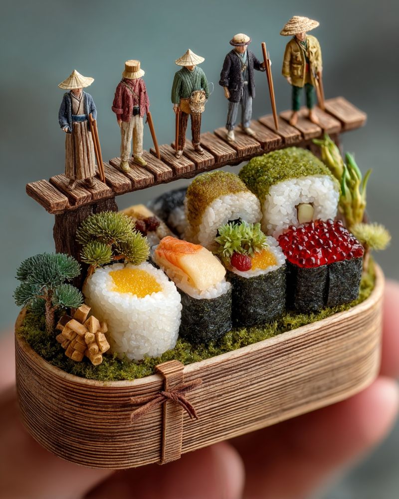Miniature sushi food sculpture handmade creative delicious japanese cuisine design styling craft A miniature scene depicts a wooden bridge with five tiny figures dressed in traditional Japanese attire, each holding a walking stick. The bridge leads to a sushi platter with various sushi rolls, including one topped with red caviar and another with a slice of orange. The sushi is surrounded by small trees and moss, and the entire scene is held in a hand.