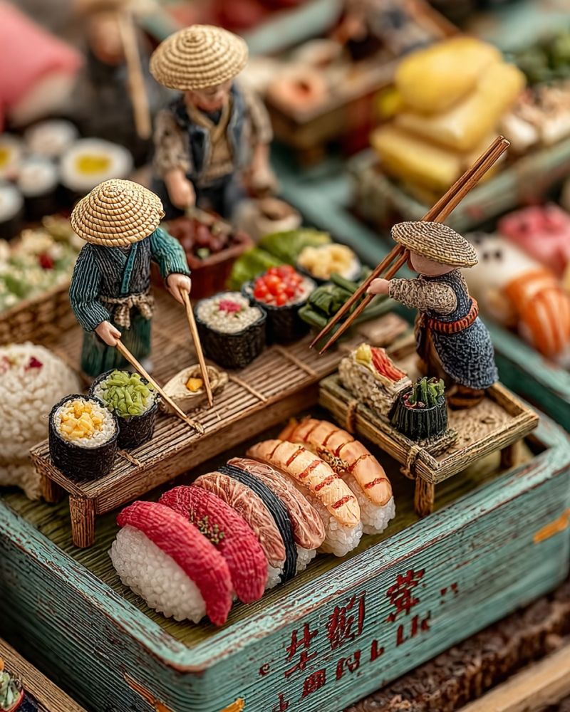 Food sushi miniature table chopsticks decoration display restaurant craft sculpture figurine wooden bamboo rice vegetables meat seafood japanese cultu A miniature scene depicts a sushi stall with three small figurines of chefs wearing traditional Japanese attire and straw hats. They are preparing and arranging sushi on a bamboo tray. The sushi includes various types, such as nigiri, maki, and temari, with colorful toppings. The chefs are using chopsticks to handle the sushi. The background features more sushi and other Japanese food items, all arranged in a miniature setting. The scene is set in a wooden box with Japanese text on the side.