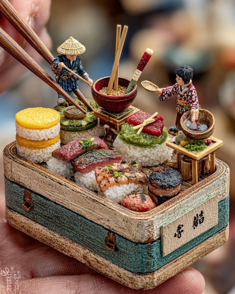 Miniature food sushi chopsticks bowl hand decoration table rice meat vegetable dish craft display texture A miniature wooden box with a blue and brown design holds a variety of tiny food items. The food includes sushi rolls, rice balls, and other small dishes. Two tiny figurines dressed in traditional Japanese clothing are present, one holding a ladle and the other holding chopsticks. The box is being held by a hand, and the background is slightly blurry.