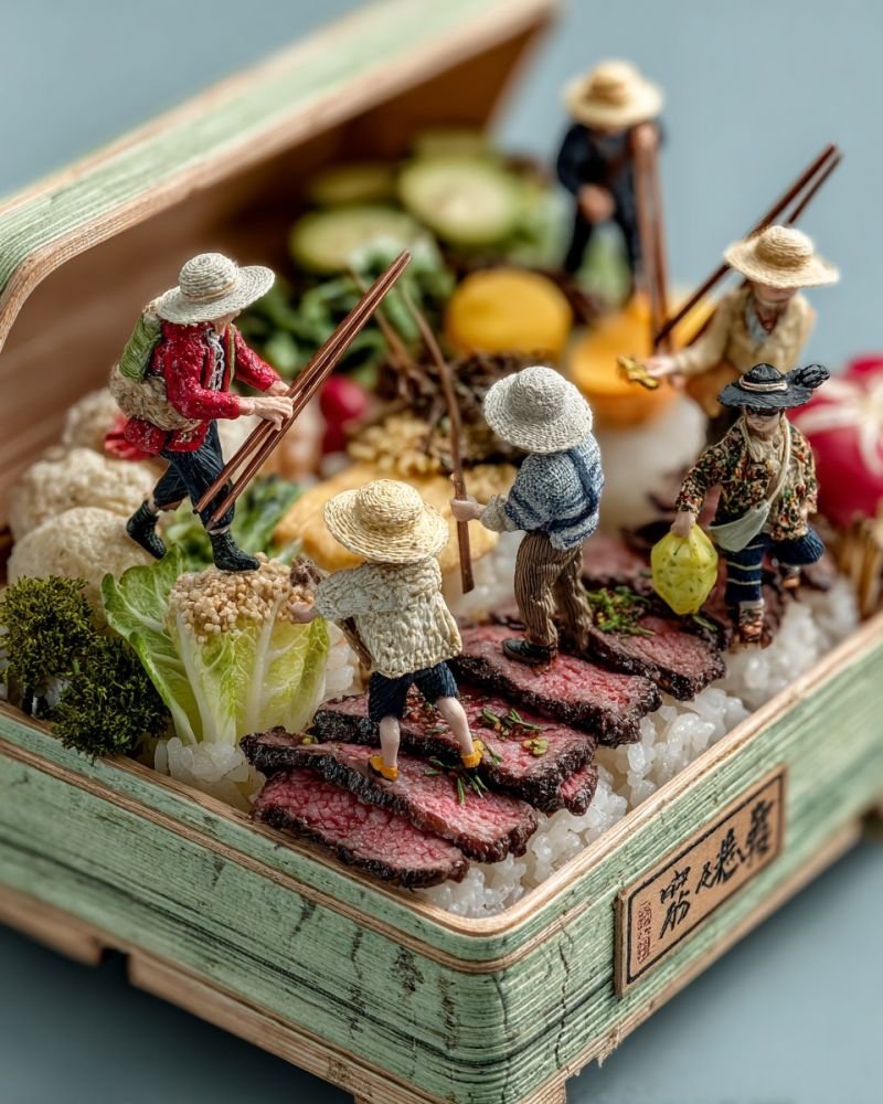 Nourriture riz viande legumes miniature sculpture artisanat dessus table delicieux appetissant culinaire gastronomique Une scène miniature à l'intérieur d'une boîte en bois dépeint un groupe de petites figurines habillées en vêtements traditionnels, engagées dans diverses activités. Une figurine porte un sac à dos et tient un bâton, tandis qu'une autre tient un sac jaune. La boîte est remplie d'une variété d'aliments, y compris du riz, des légumes et de la viande, disposés d'une manière qui ressemble à un bento japonais traditionnel. Les figurines sont positionnées autour de la nourriture, créant une scène vivante et détaillée. La boîte porte une étiquette avec du texte japonais sur le côté.