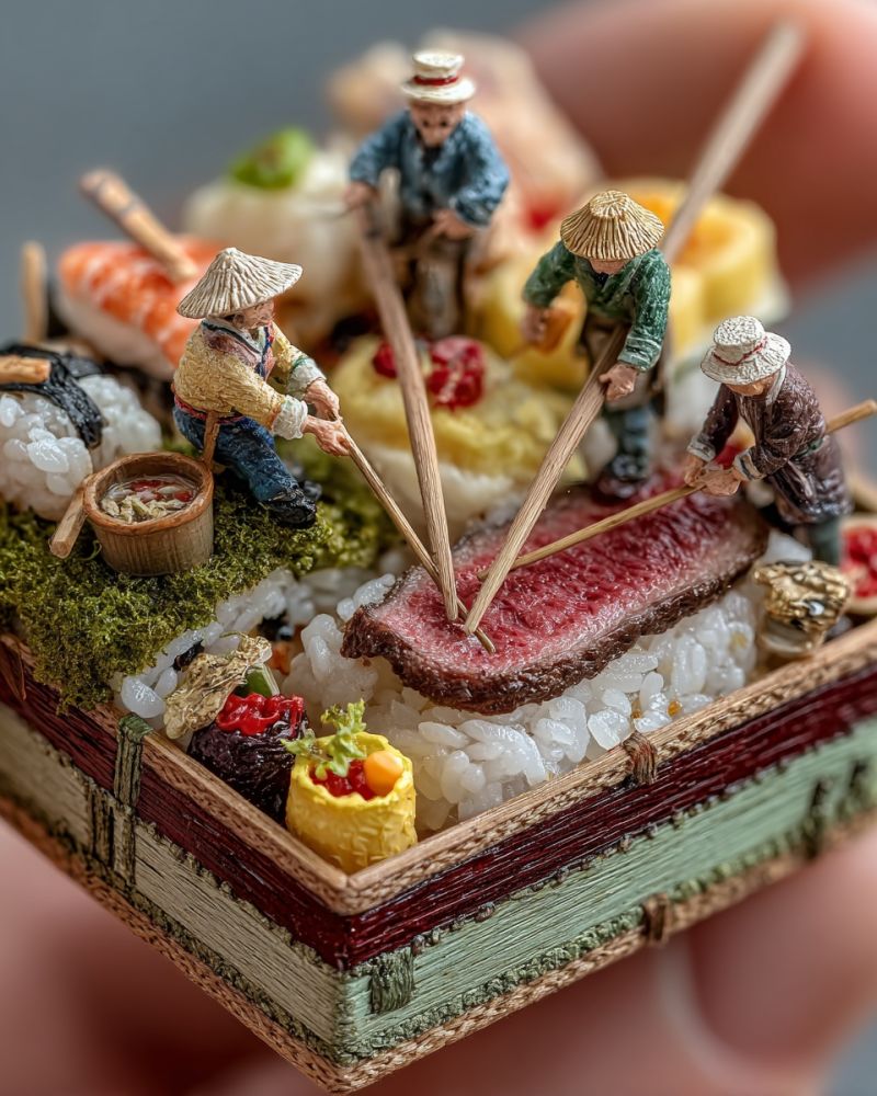 Miniature nourriture sculpture main delicat culinaire mise design artisanat diorama Une scène miniature dépeint un groupe de petites figurines habillées en tenue traditionnelle japonaise, y compris des chapeaux de paille, travaillant sur une présentation détaillée de nourriture. La nourriture comprend du sushi, du riz et un grand morceau de viande, le tout disposé sur un petit plateau en bois. Les figurines tiennent des baguettes et semblent préparer ou servir la nourriture. La scène est placée sur une surface texturée verte et rouge, et toute la mise en scène miniature est tenue par la main d'une personne.